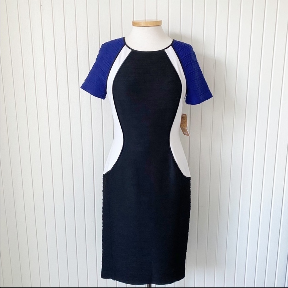 NWT Nue by Shani Dress Blue White Black Colorblock Short Sleeve Size 6